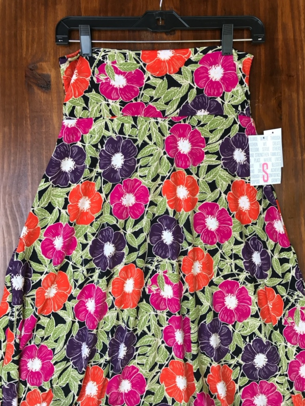 LuLaRoe Azure Floral Midi Skirt in Black with Pink, Orange & Purple Blooms